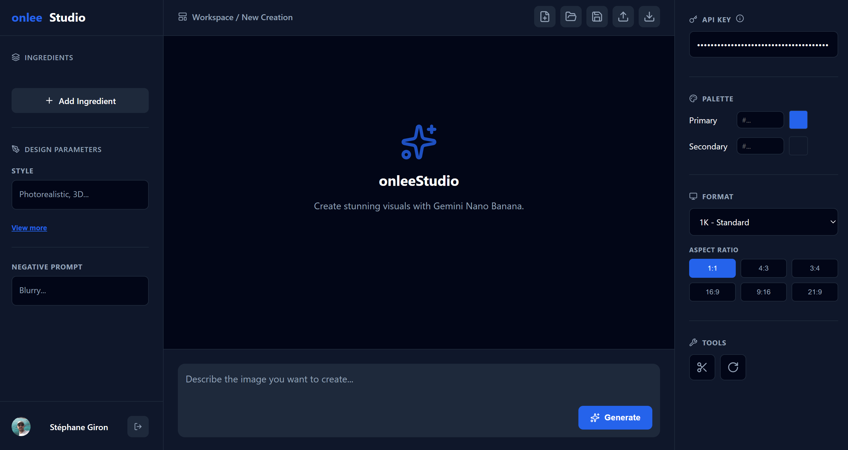 onleeStudio interface showing AI image generation