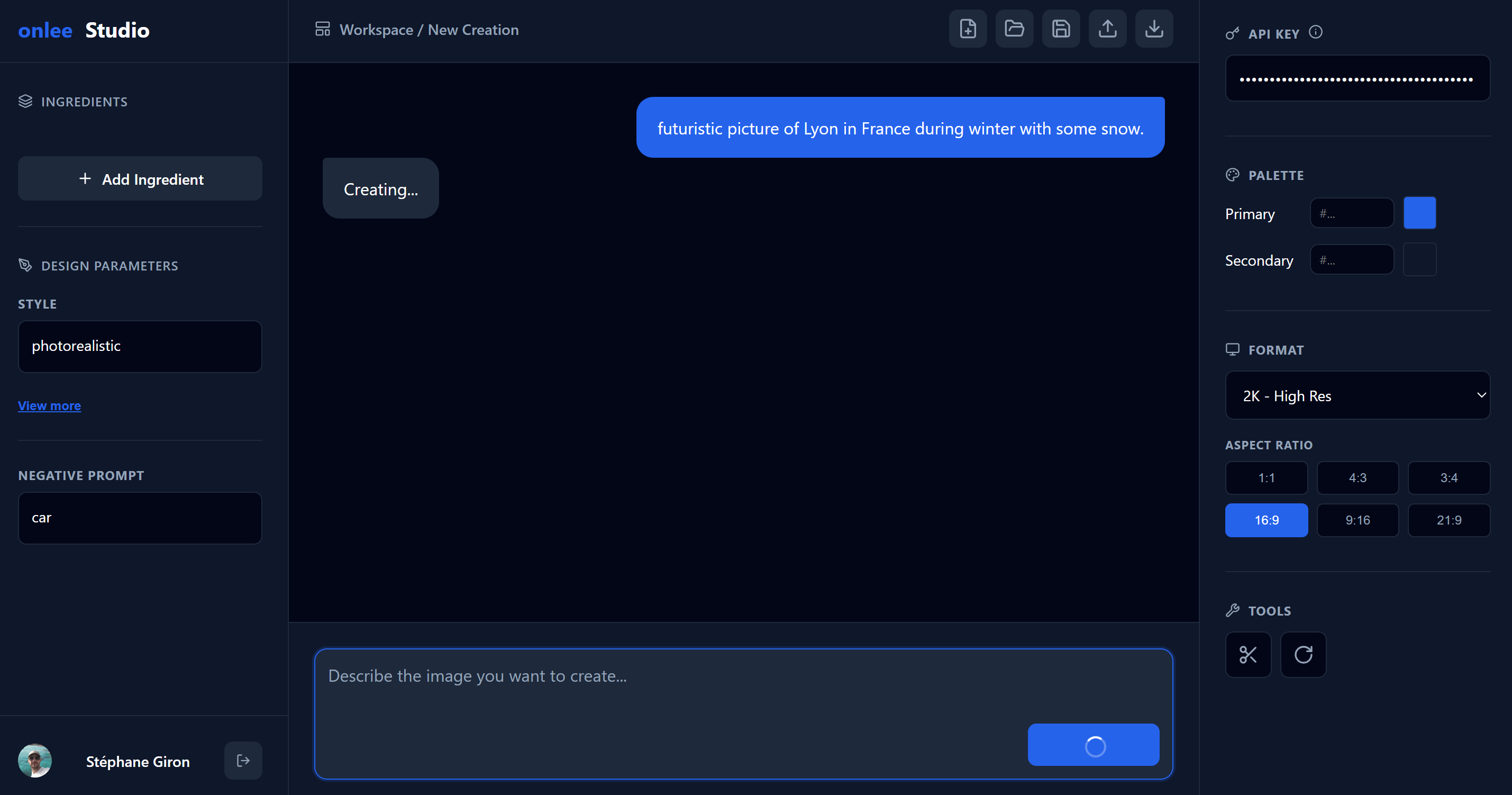 Typing a creative prompt in onleeStudio